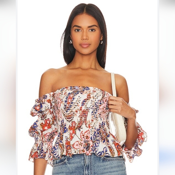 Misa Los Angeles Vida Floral Smocked Off Shoulder Cropped Top - Picture 1 of 7
